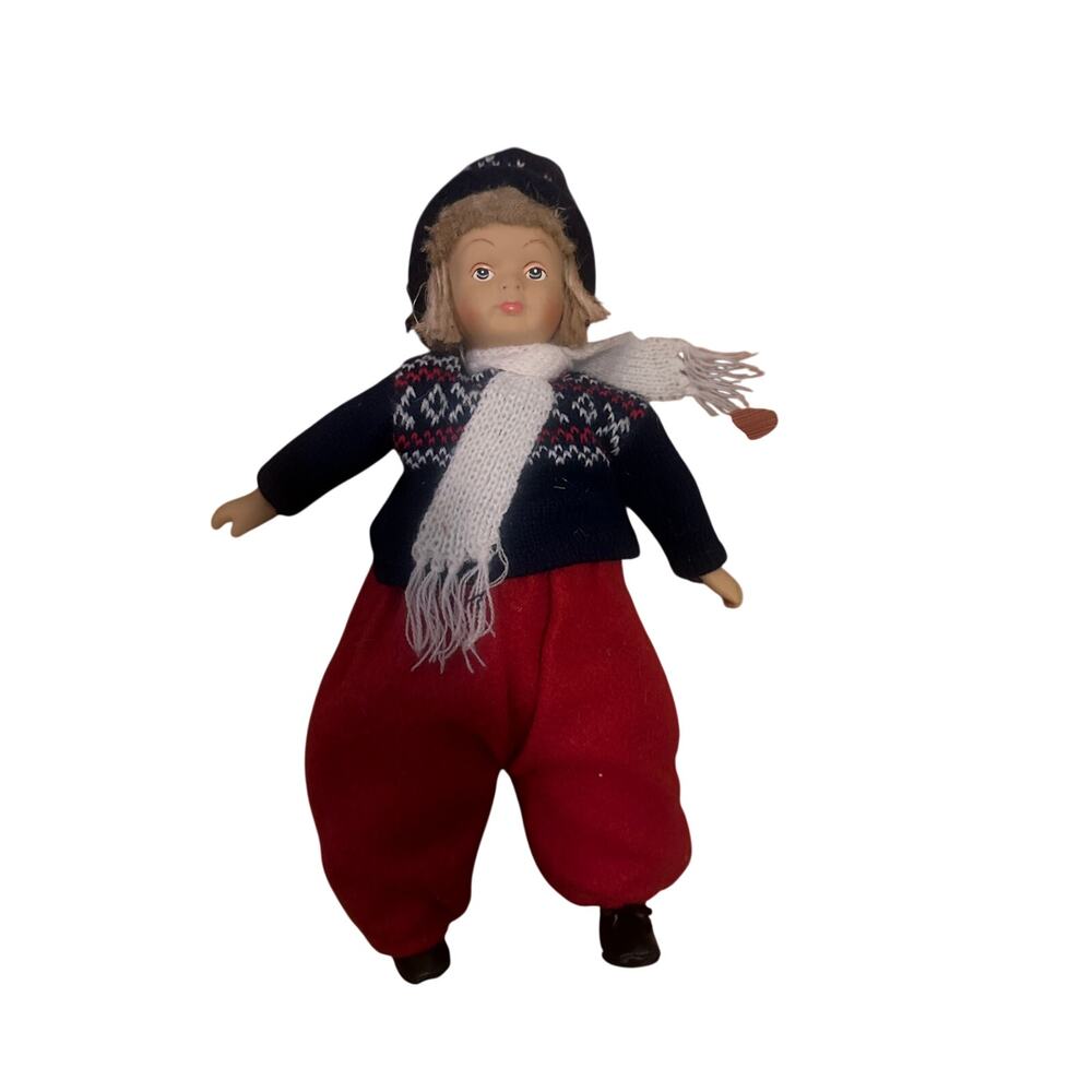 Norway Skier Doll Weighted Red Pants Wooden Skis Winter Decor